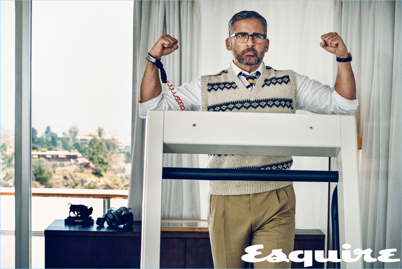 Actor Steve Carell wears a Gucci shirt and trousers with a vintage sweater vest and tie from Early Halloween, Vintage Clothing, N.Y.C. Carell also dons a Rolex watch. » Steve Carell Covers Esquire, Talks 'Beautiful Boy' Actor Steve Carell wears a Gucci shirt and trousers with a vintage sweater vest and tie from Early Halloween, Vintage Clothing, N.Y.C. Carell also dons a Rolex watch.