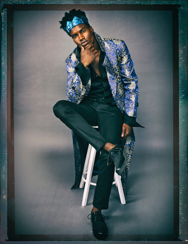 Roland Barziliar Jr wears crown Michael Estes, jacket Hendrix Roe, shoes Topman, shirt and jeans Rhowan James.