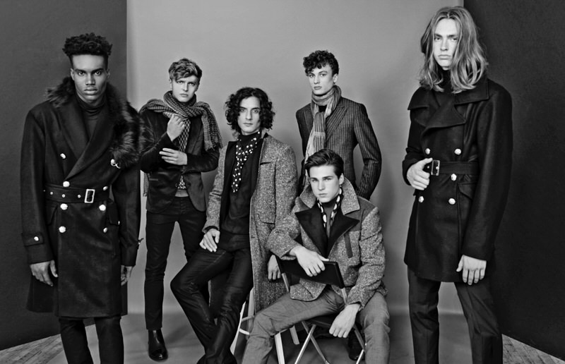 Left to Right: Roland Barziliar Jr wears faux fur trimmed coat Rhowan James. Austen Dickinson wears scarf DKNY, boots Calvin Klein, shirt, jacket, and jeans Christopher Bates. Reza Zohouri wears coat Shelli Oh, shirt Rhowan James, pants Diesel, and vintage scarf Christian Dior. Bobby Weaver wears scarf Paul Smith, jacket and sweater Christopher Bates. Alex D'Orazio wears jacket Shelli Oh, sweater Christopher Bates, scarf DKNY, and pants Topman. McKinley Lorenzen wears turtleneck, jacket, and pants Rhowan James.