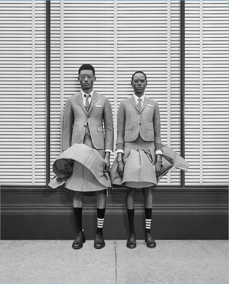 Ajak Deng and Youssouf Bamba don tailored looks from Thom Browne's fall-winter 2018 collection.