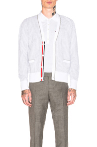 Thom Browne Seersucker Jacquard V-Neck Cardigan in Stripes,White Thom Browne Seersucker Jacquard V-Neck Cardigan in Stripes,White