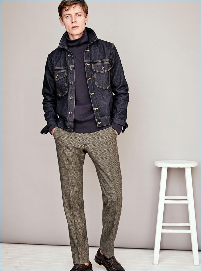 Denim enters the equation as Janis Ancens sports Todd Snyder Black Label Glen Plaid trousers with a Todd Snyder denim jacket, + Champion turtleneck sweater, and Alden plain toe blucher shoes.