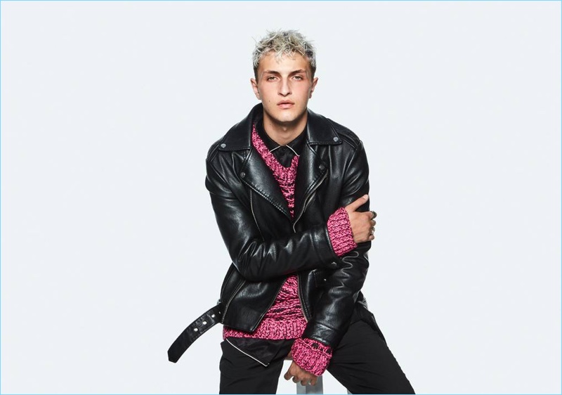 Anwar Hadid models a leather biker jacket for Topman's fall-winter 2018 campaign.