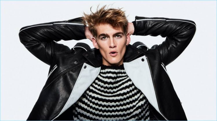 Presley Gerber rocks a black and white leather biker jacket for Topman's fall-winter 2018 campaign.