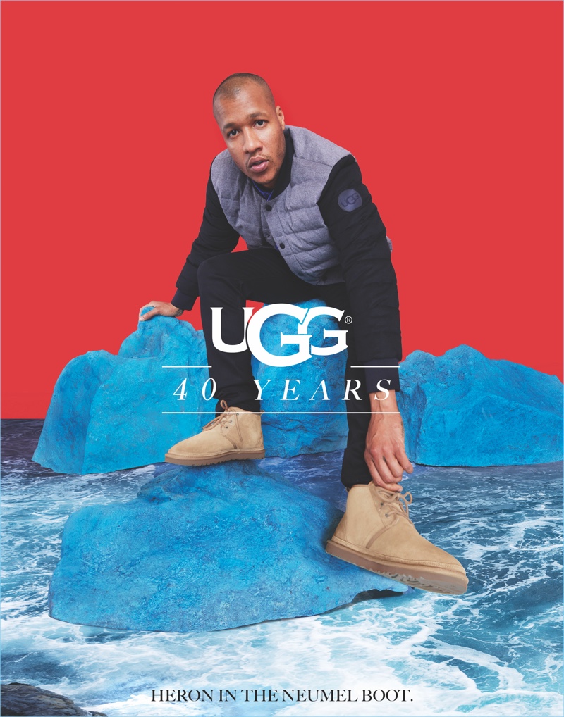 Heron Preston wears UGG's Neumel boots for the brand's 40th anniversary campaign.