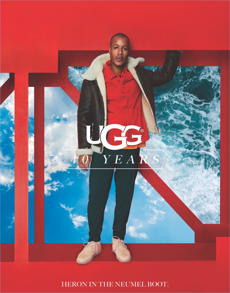 Designer Heron Preston sports UGG's Neumel boots for the brand's 40th anniversary campaign.