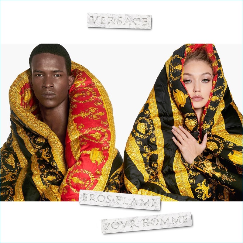 Salomon Diaz and Gigi Hadid front the Versace Eros Flame fragrance campaign.