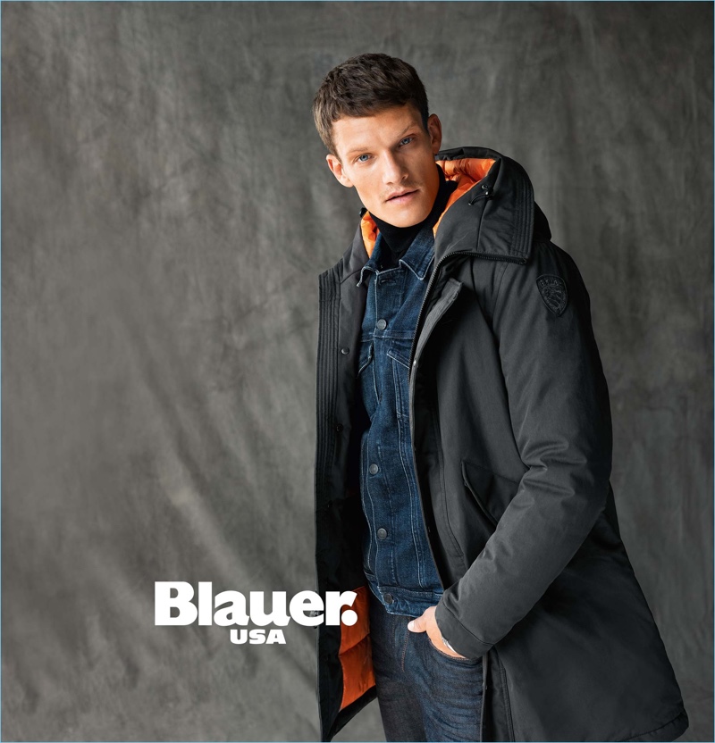 British model Danny Beauchamp sports a Blauer USA parka.