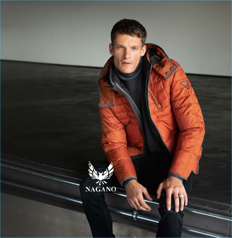 Making a statement in orange, Danny Beauchamp rocks a Nagano quilted jacket.