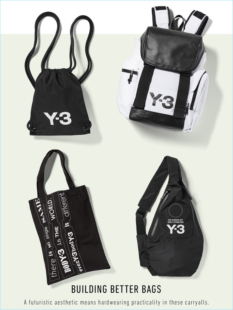Y-3 mini gym bag, mobility backpack, slogan tote bag, and messenger bag.
