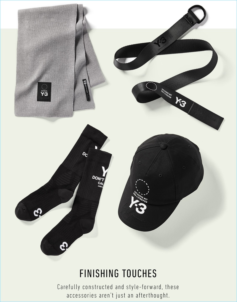 Y-3 logo scarf, street belt, tube socks, and street cap.