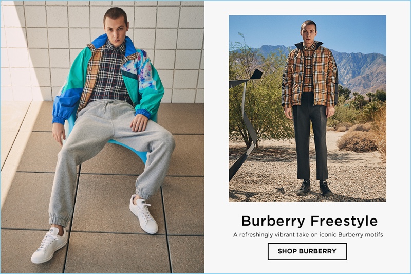 Left: Yuri Pleskun wears a Burberry reversible paneled track jacket, plaid shirt, and sweatpants. Right: Yuri sports a Burberry check shirt and jacket with cropped trousers.