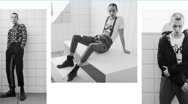 Modern Punk: Yuri Pleskun Stays On-Trend with Revolve Left: Yuri Pleskun rocks a Publish button-down shirt and pants with Common Projects combat boots. Center: Yuri wears Ksubi graphic t-shirt, R13 military cargo pants, and Common Projects combat boots. Right: Yuri models Ksubi graphic t-shirt, R13 military cargo pants, and a John Elliott parachute jacket.