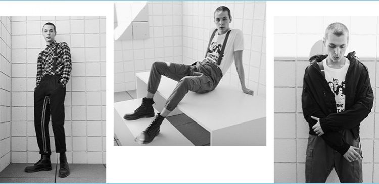 Left: Yuri Pleskun rocks a Publish button-down shirt and pants with Common Projects combat boots. Center: Yuri wears Ksubi graphic t-shirt, R13 military cargo pants, and Common Projects combat boots. Right: Yuri models Ksubi graphic t-shirt, R13 military cargo pants, and a John Elliott parachute jacket.