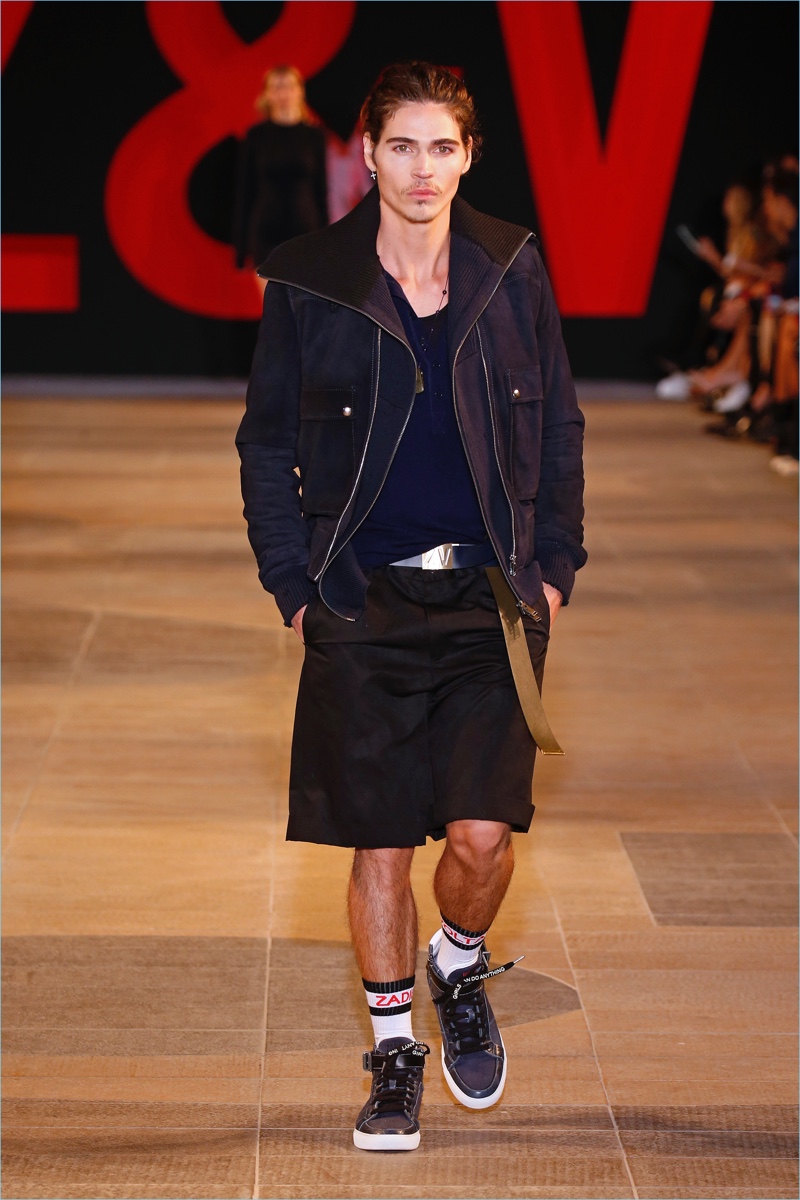 Will Peltz takes to the catwalk in a black look from Zadig & Voltaire's spring-summer 2019 men's collection.
