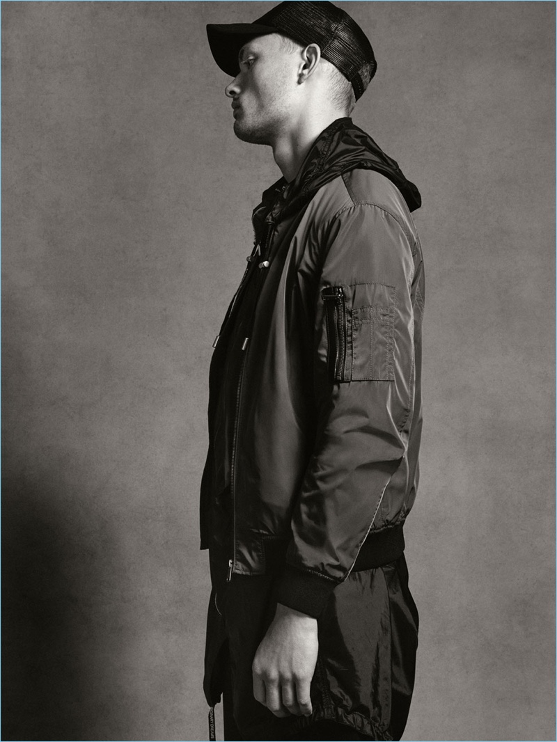 Model William Los rocks a Zara Man bomber jacket.