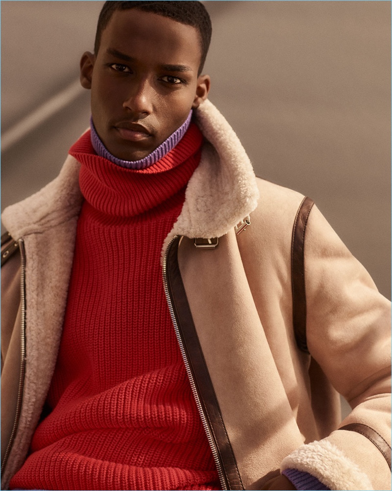 Mahad Musse dons a shearling aviator jacket and knit turtleneck sweaters from Zara Man. » Mahad Musse Makes a 'Shearling Statement' for Zara Mahad Musse dons a shearling aviator jacket and knit turtleneck sweaters from Zara Man.