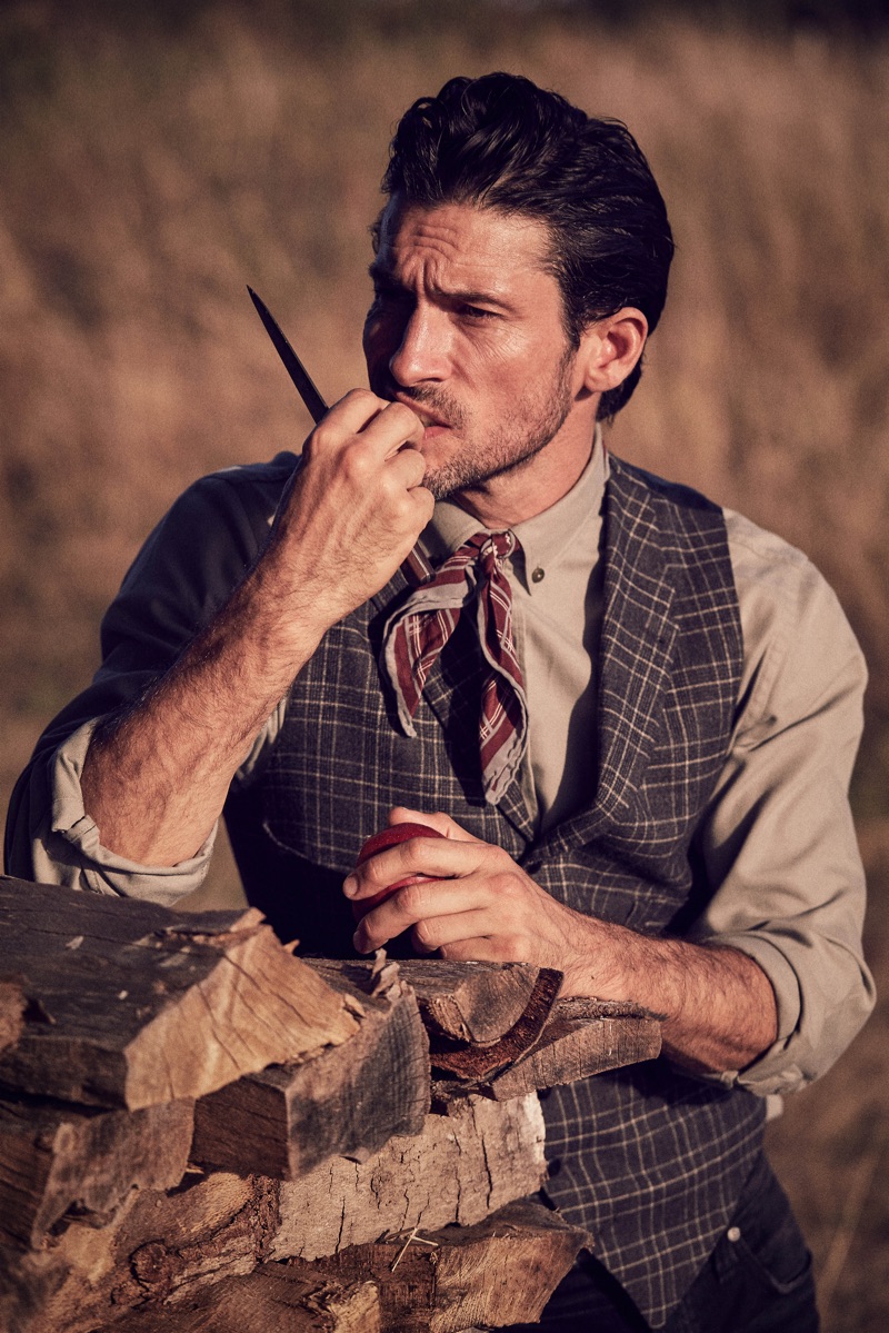 Alban wears shirt Mango, vest Paul Smith, and vintage scarf as tie.