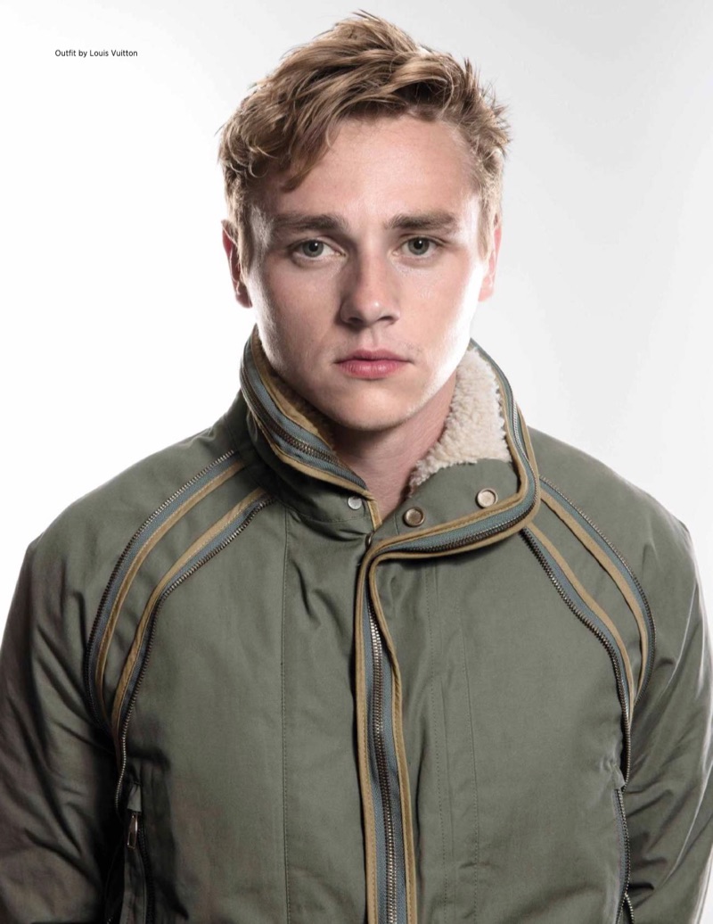 Front and center, Ben Hardy wears a Louis Vuitton jacket.