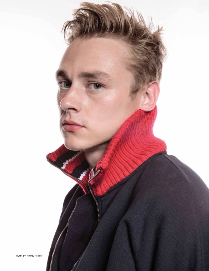 Actor Ben Hardy sports a Tommy Hilfiger jacket and sweatshirt for Da Man.