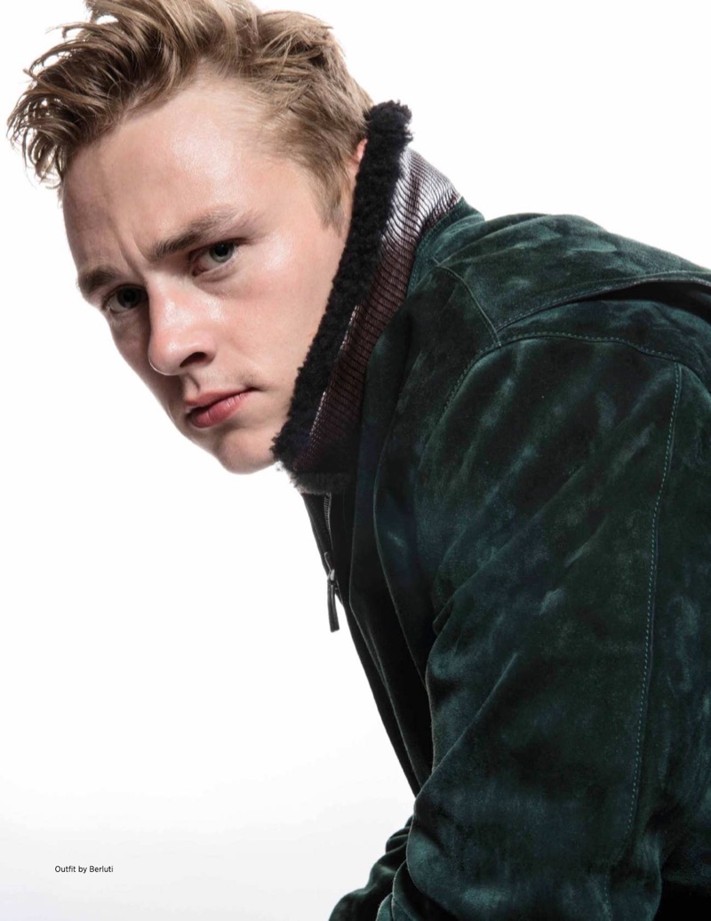 Taking to the studio, Ben Hardy dons a Berluti jacket.