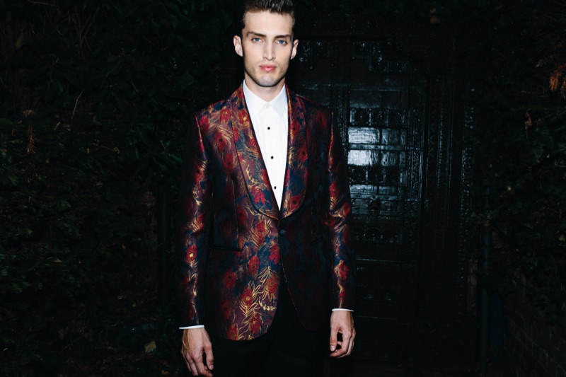 Charlie France dons a Charlie Casely-Hayford x Topman burgundy jacquard blazer and slim smart shirt.