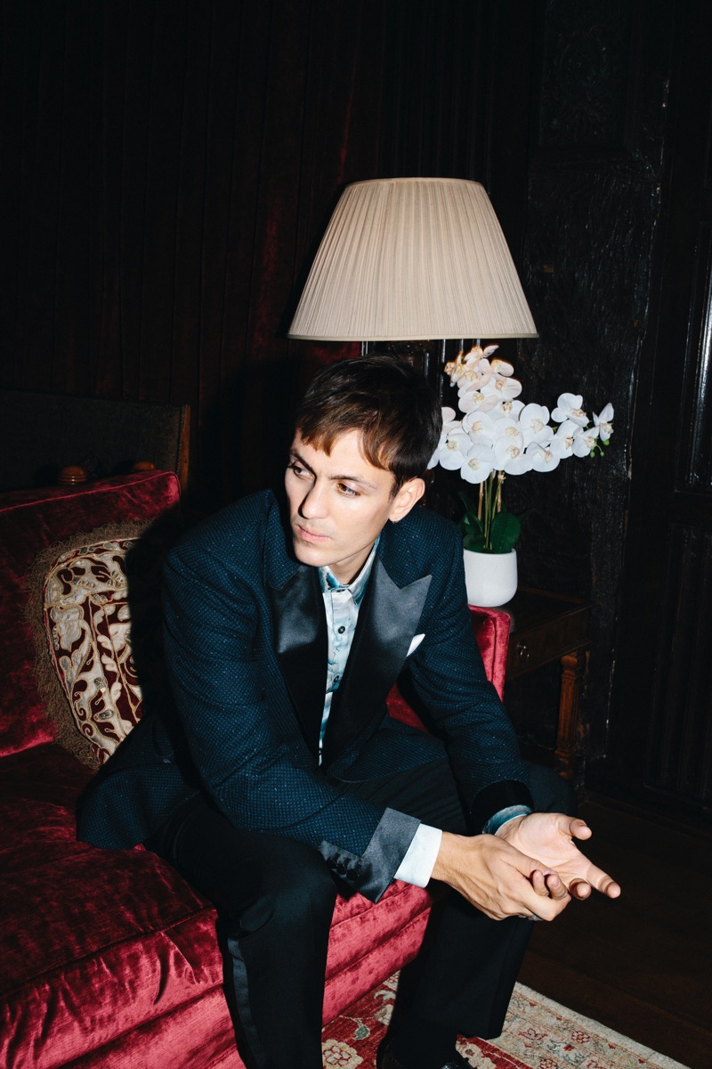 Louis Simonon wears a Charlie Casely-Hayford x Topman navy textured dinner jacket and light blue slim smart shirt.