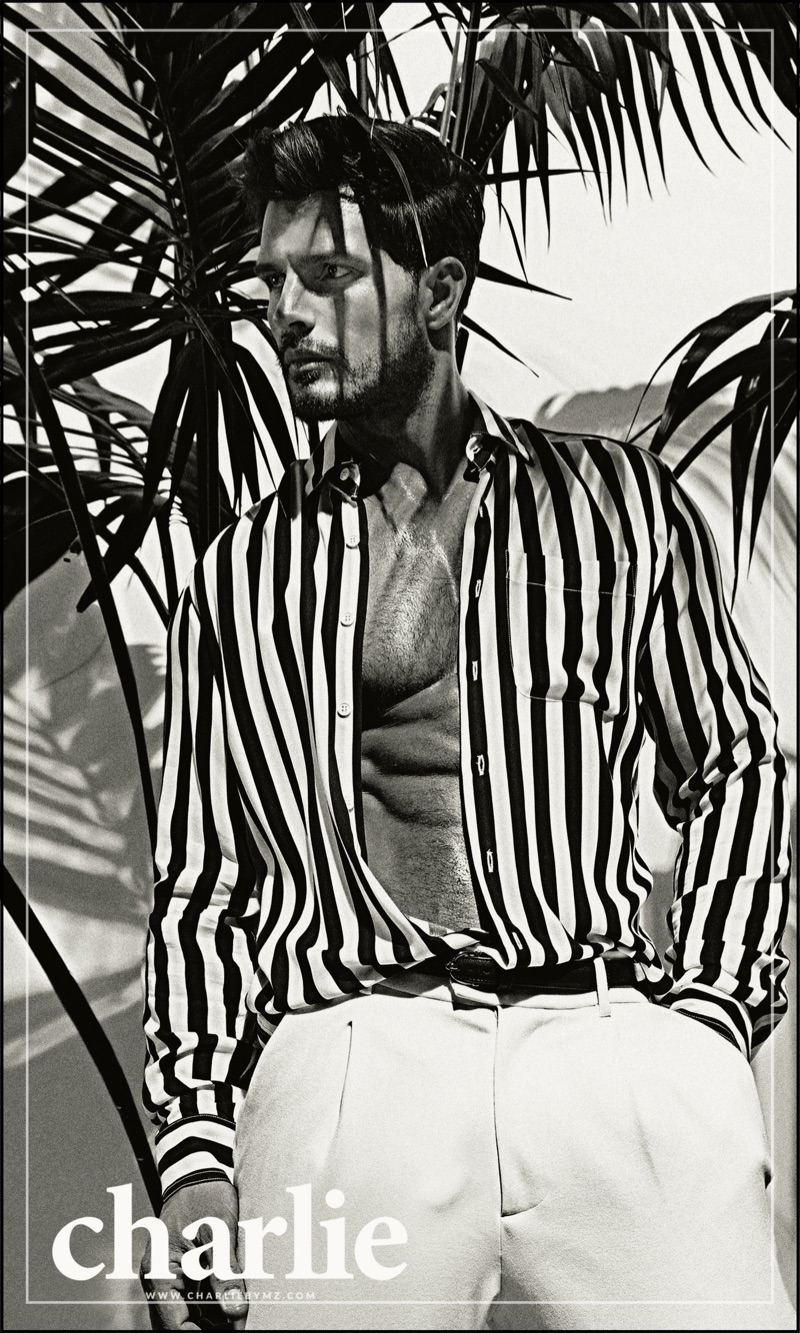 Diego Miguel sports a striped shirt from Charlie by Matthew Zink's resort 2018 collection.