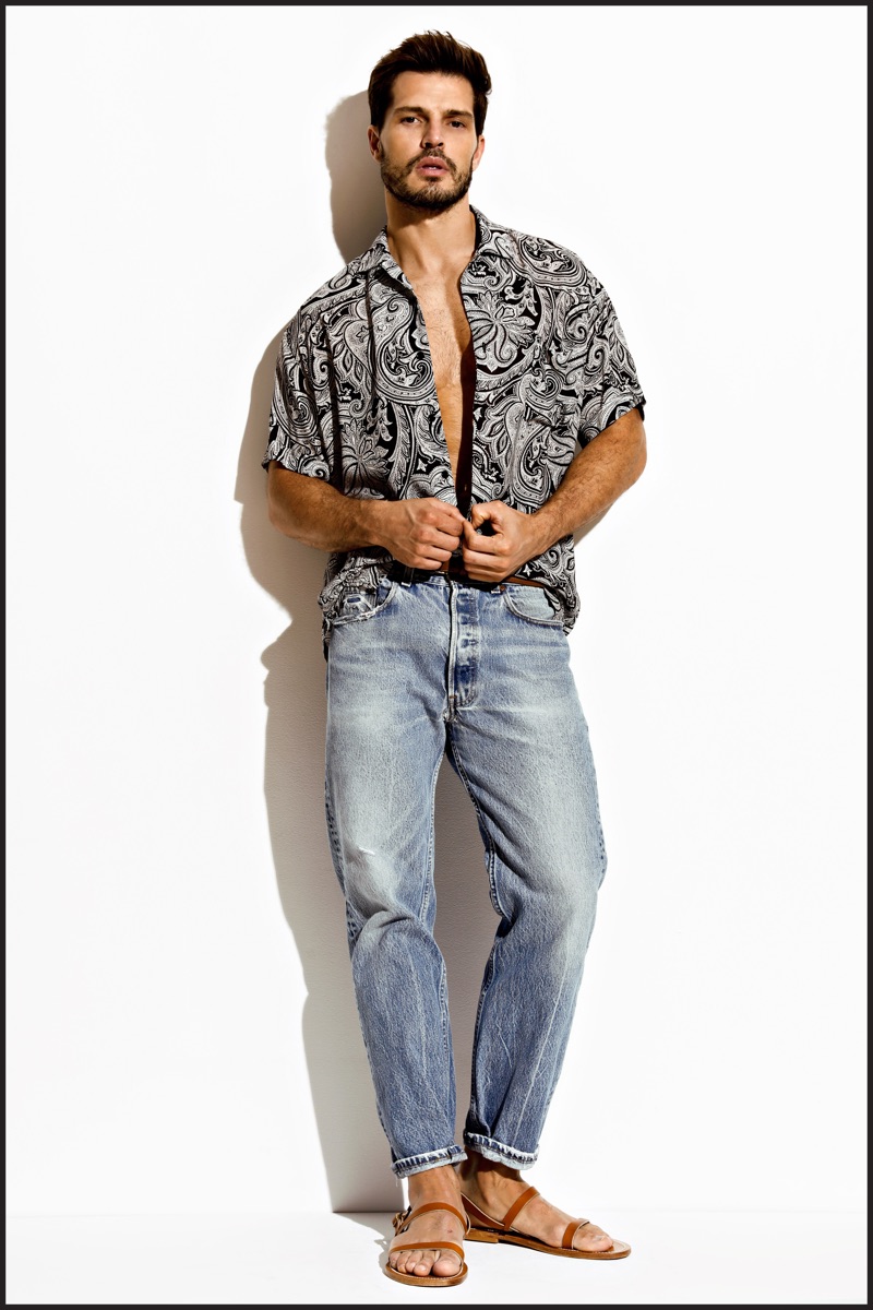 Model Diego Miguel wears Charlie's Weekend shirt in an Italian paisley print.