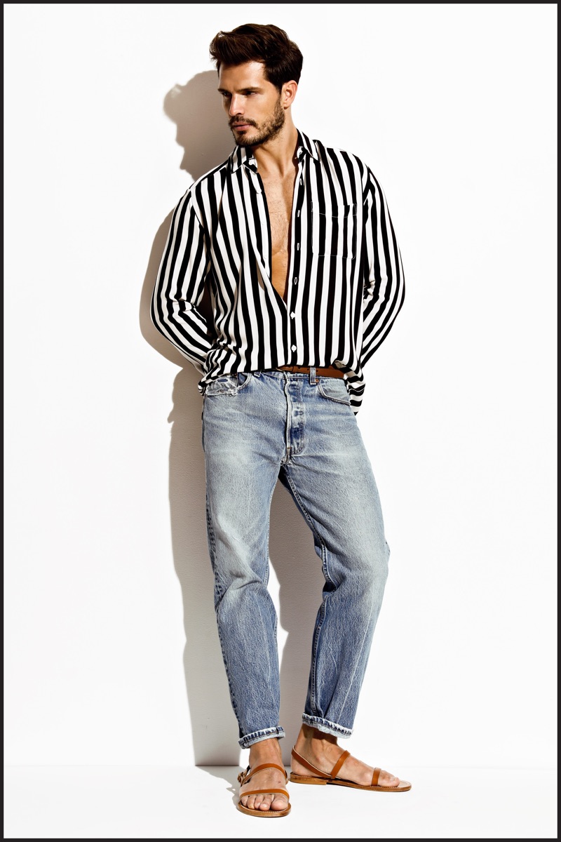 Model Diego Miguel is pictured in Charlie's black and white striped resort shirt.