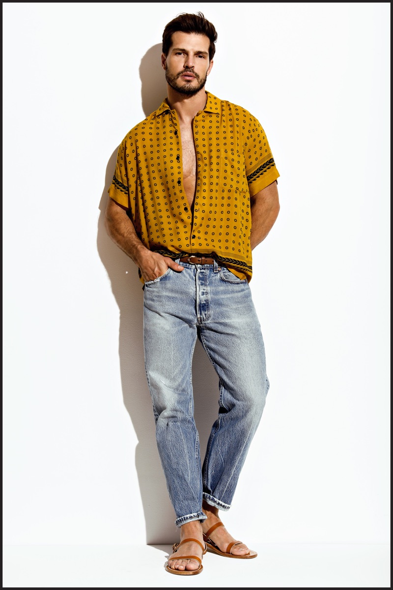 Brazilian model Diego Miguel sports Charlie's Weekend shirt that features a Grecian scarf print.