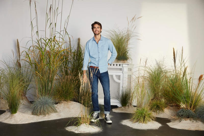 Nicolas Simoes dons a denim look from Esprit's spring-summer 2019 men's collection.