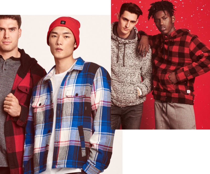 Flannel shirts and fleece hoodies are front and center for Express' holiday 2018 guide.