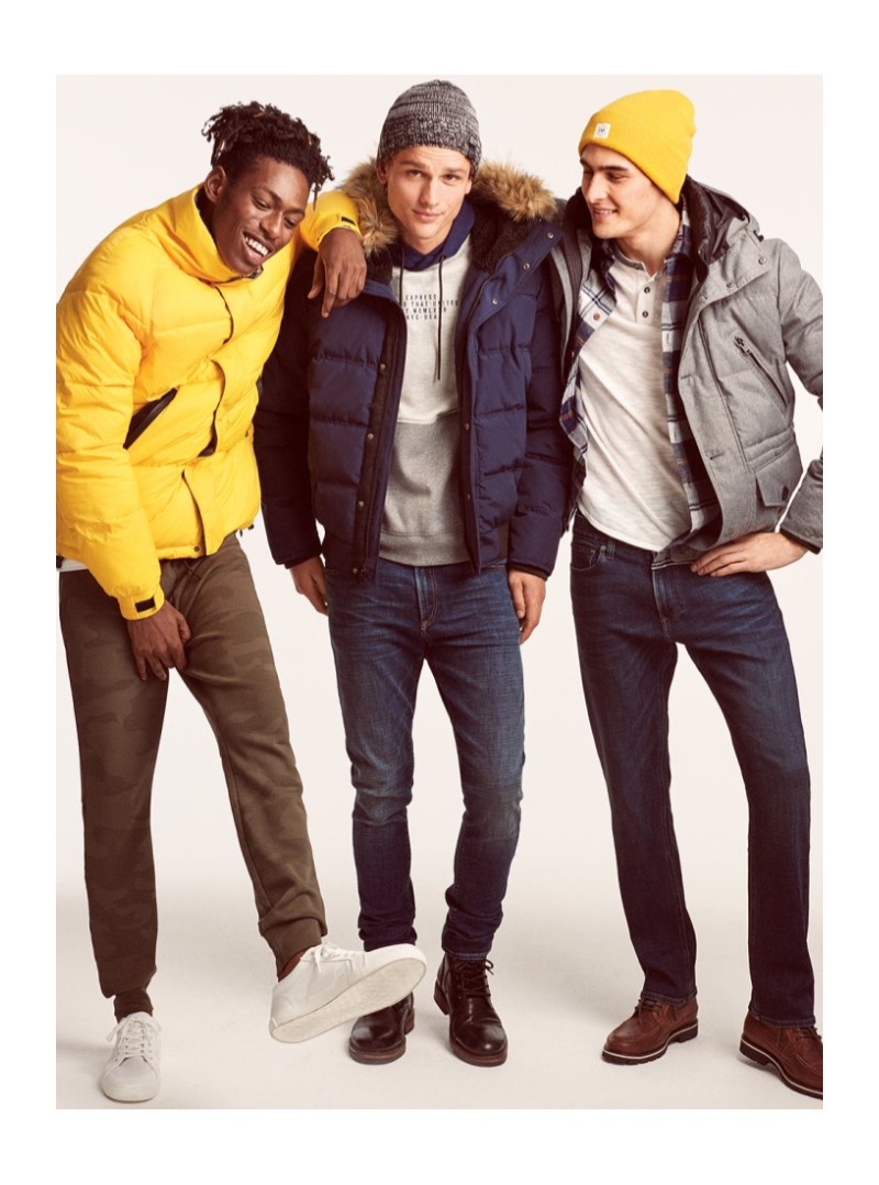 Shenai Gist, Simon Nessman, and Rhys Pickering bundle up for the cold in Express puffer jackets.