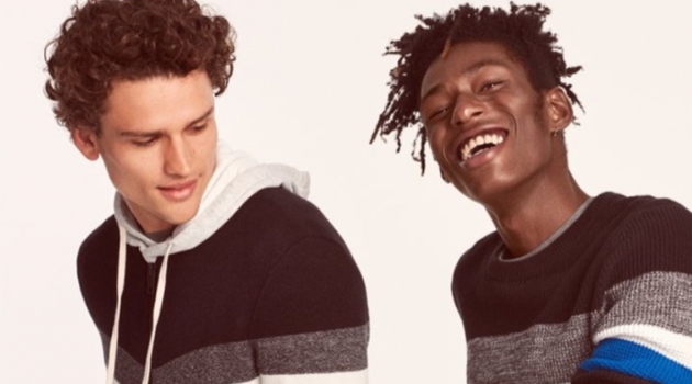 Home for the Holidays: Express Champions Casual Style Models Simon Nessman and Shenai Gist sport color blocked sweaters from Express.