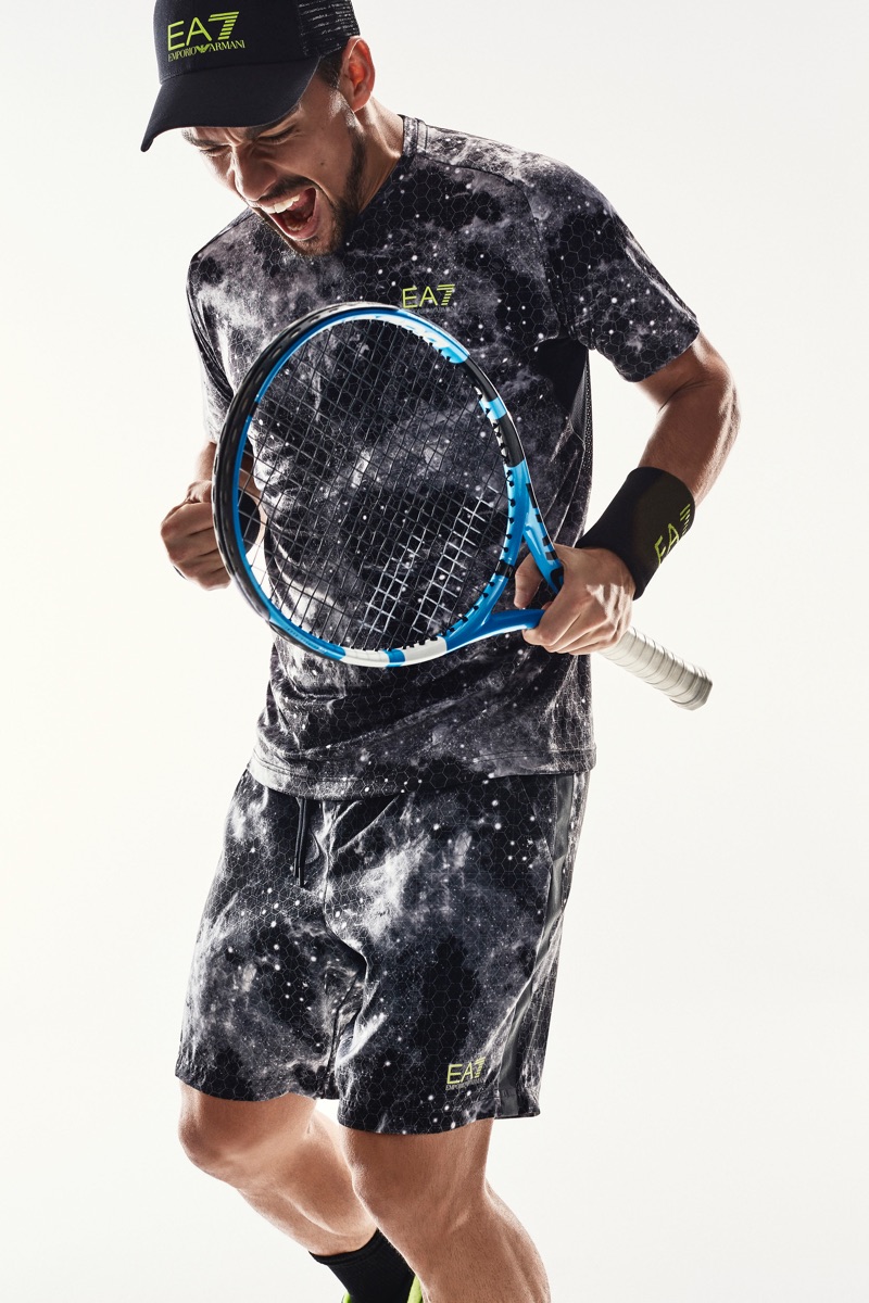 Embracing an all-over print, Fabio Fognini stars in EA7's campaign.