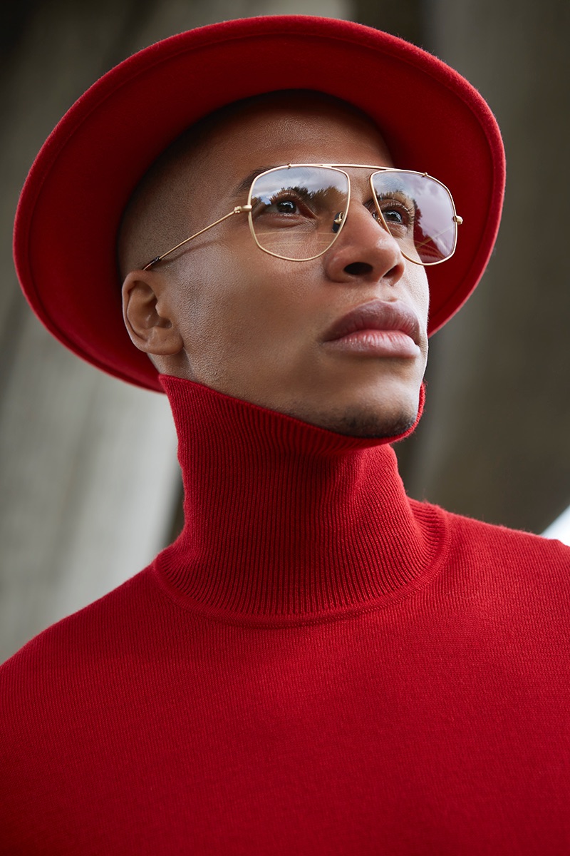 Vincent wears turtleneck Bogner, hat Borsalino, and sunglasses Funk Food.