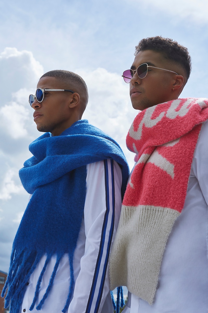 Left to Right: Vincent wears shirt Eterna, sunglasses Kerbholz, and scarf Codello. Isak wears shirt Eterna, sunglasses Komono, and scarf Codello.