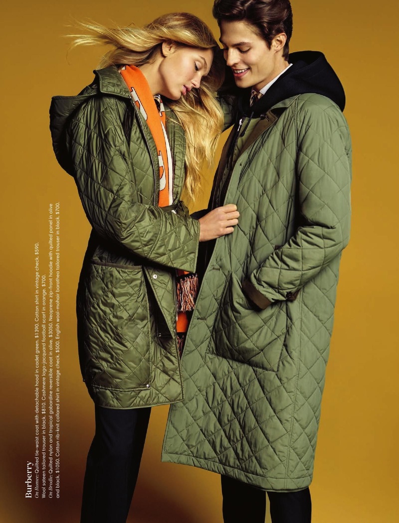 Romee Strijd and Brodie Scott wear quilted coats by Burberry.