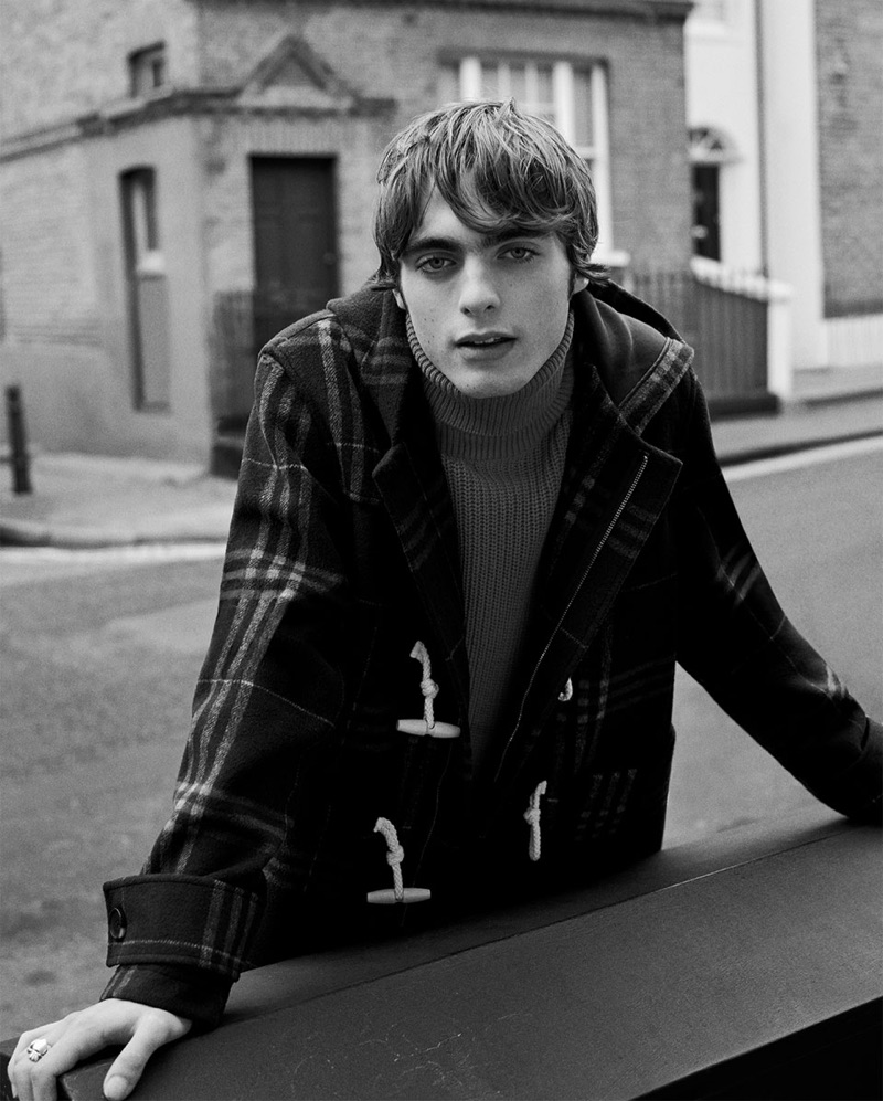Model Lennon Gallagher sports a checked duffle coat from Zara Man.