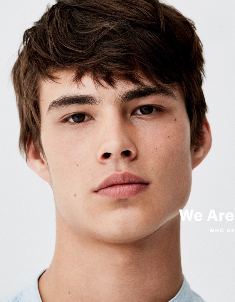 Front and center, Louis Baines appears in an editorial for Pull & Bear.