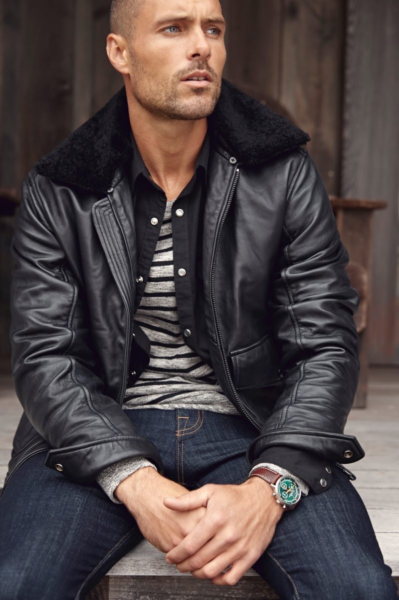 Sporting a leather jacket, Zac Taylor fronts Lucky Brand's holiday 2018 campaign.