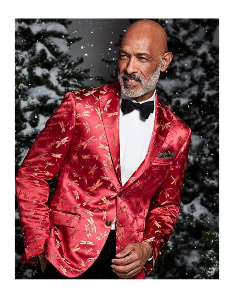 New Year's Eve: Dressed to impress, Lono Brazil dons a Tallia slim-fit red dragonfly jacquard dinner jacket.