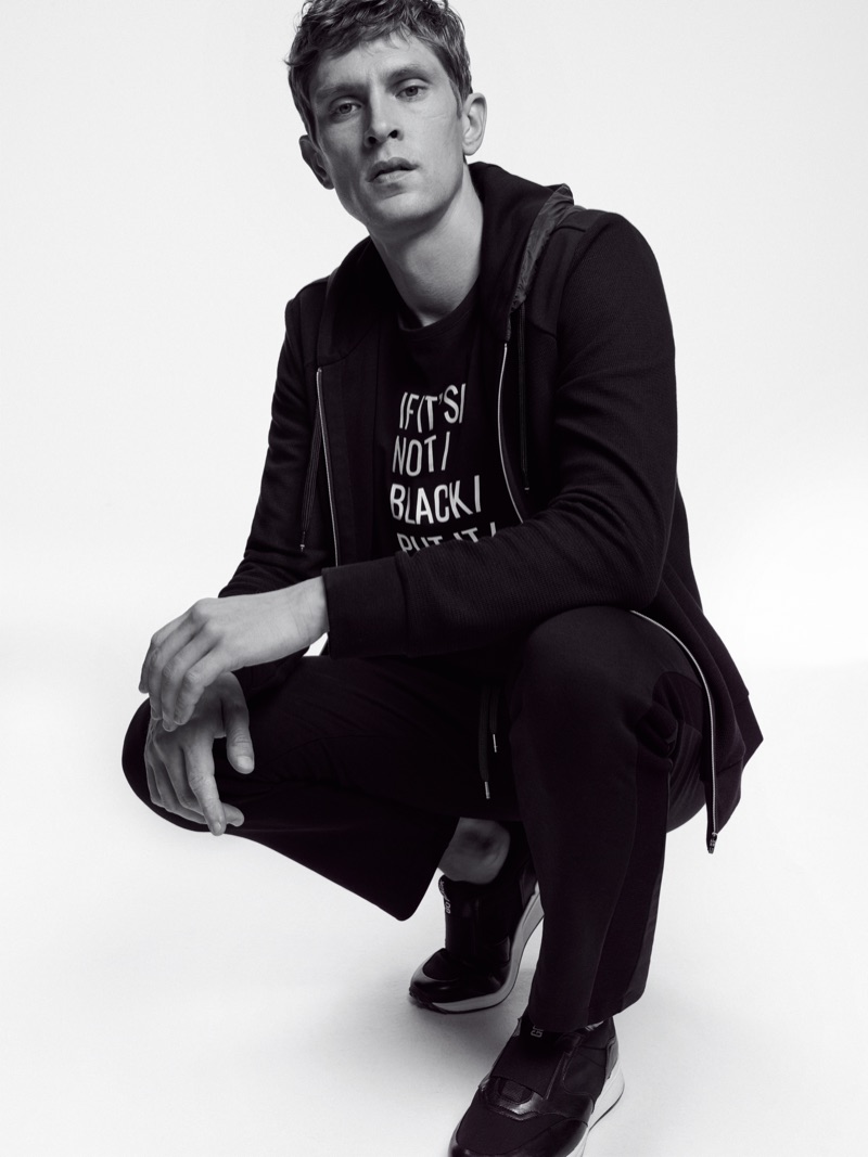 Danish model Mathias Lauridsen embraces black in a look from Marc O'Polo's Black Fashion Week capsule collection.