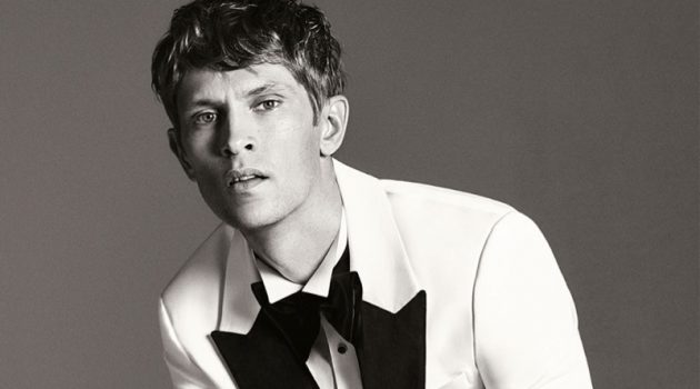Mathias Lauridsen Dons Dashing Eveningwear for Zara Reuniting with Zara Man, Mathias Lauridsen sports a white and black tuxedo.