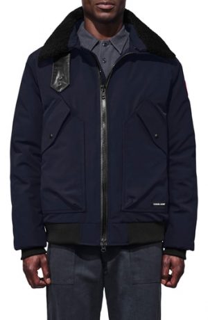 Men's Canada Goose Bromley Slim Fit Down Bomber Jacket With Genuine Shearling Collar, Size Small - Blue Men's Canada Goose Bromley Slim Fit Down Bomber Jacket With Genuine Shearling Collar, Size Small - Blue