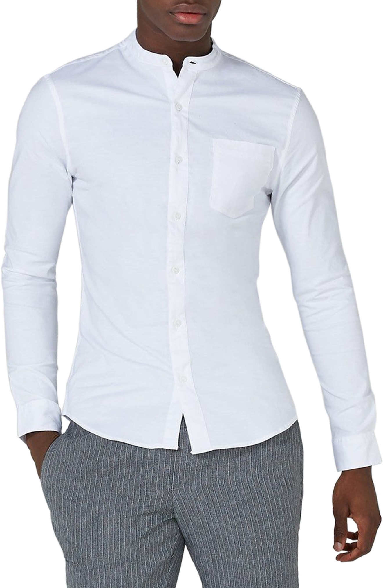 Men’s Topman Muscle Fit Band Collar Shirt, Size XSmall White The