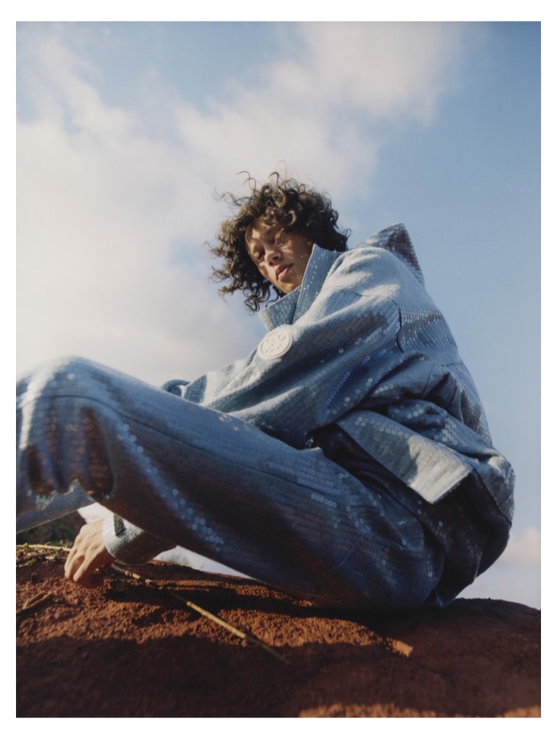 Model Diogo Guerreiro wears sequined denim for Off-White's resort 2019 campaign.