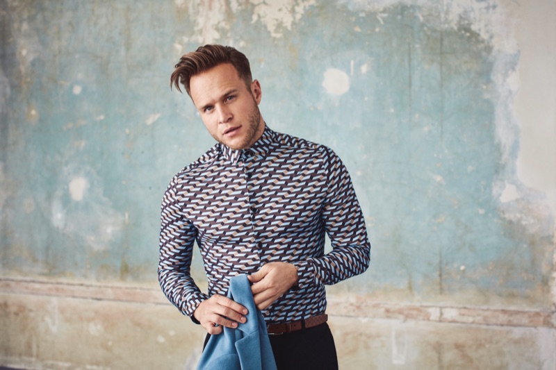 Olly Murs wears a geo print shirt from his River Island collaboration.