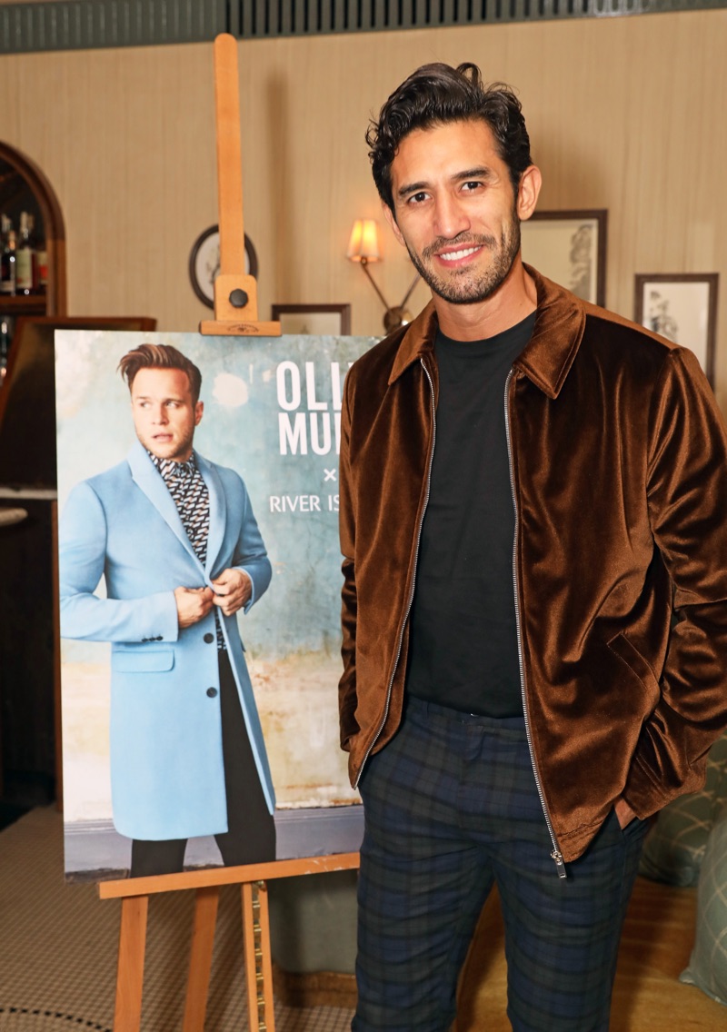 Kirk Newmann sports a velvet Harrington jacket from Olly Murs' River Island collection.